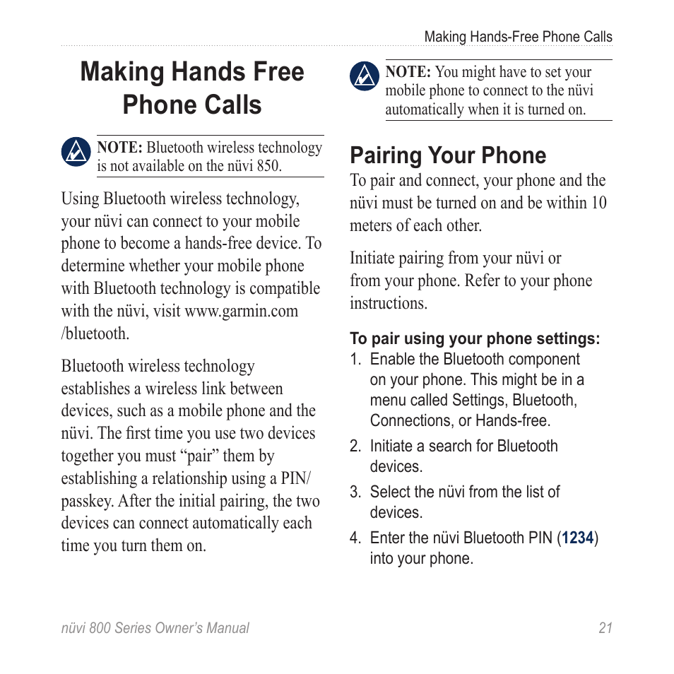 Making hands free phone calls, Pairing your phone, Making hands free phone | Calls | Garmin nuvi 800 User Manual | Page 27 / 76