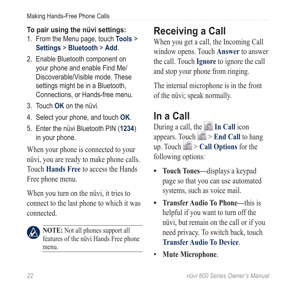 Receiving a call, In a call | Garmin nuvi 800 User Manual | Page 28 / 76