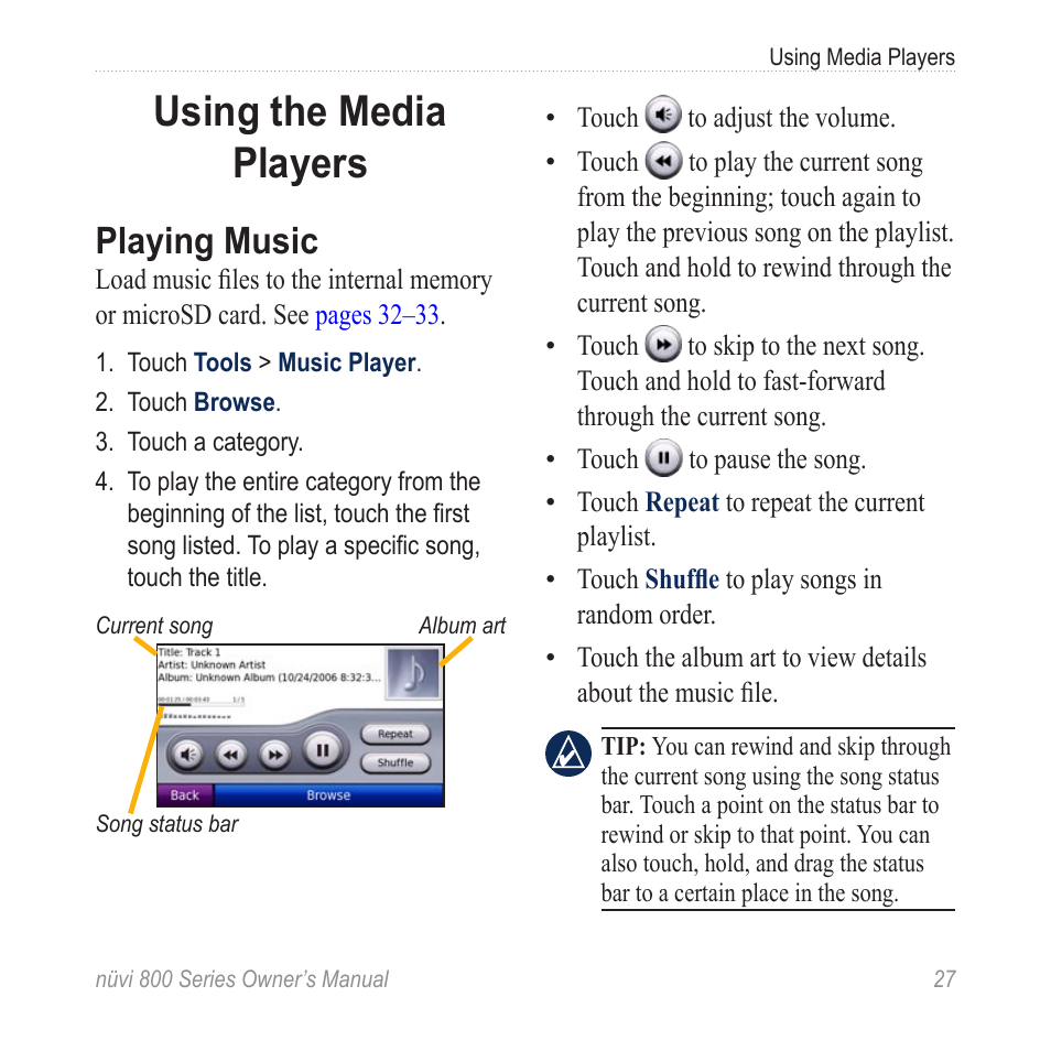 Using the media players, Playing music | Garmin nuvi 800 User Manual | Page 33 / 76