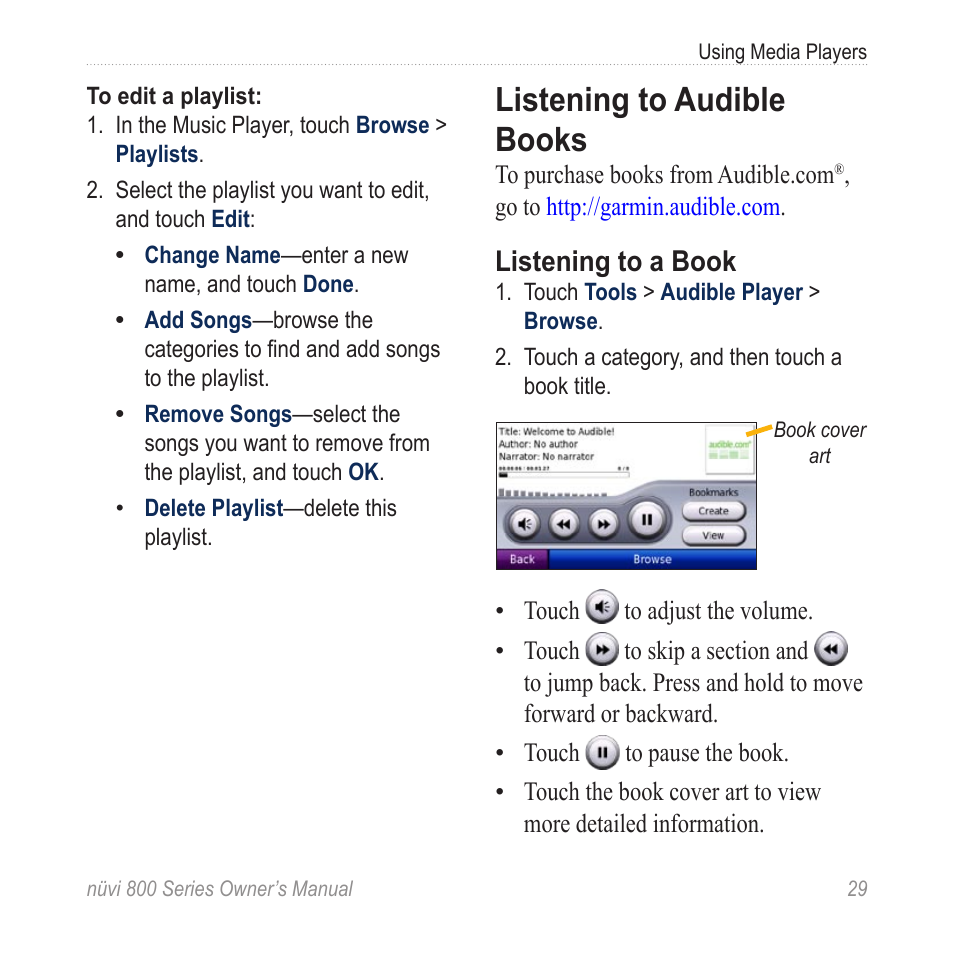 Listening to audible books, Listening to a book | Garmin nuvi 800 User Manual | Page 35 / 76