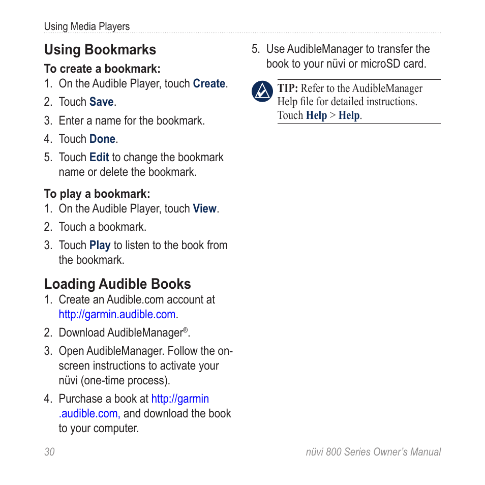 Using bookmarks, Loading audible books | Garmin nuvi 800 User Manual | Page 36 / 76