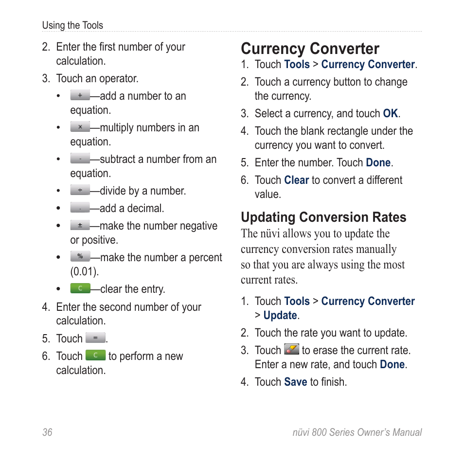 Currency converter, Updating conversion rates | Garmin nuvi 800 User Manual | Page 42 / 76