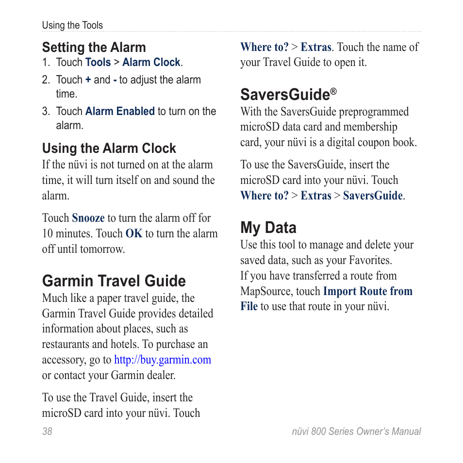 Garmin travel guide, Saversguide, My data | Garmin nuvi 800 User Manual | Page 44 / 76