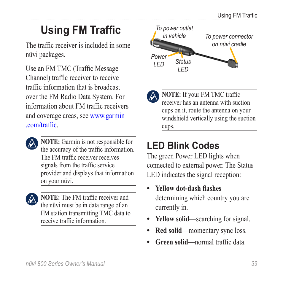 Using fm traffic, Led blink codes | Garmin nuvi 800 User Manual | Page 45 / 76