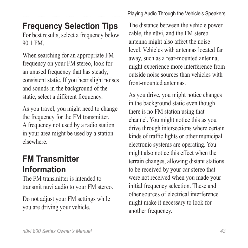 Frequency selection tips, Fm transmitter information | Garmin nuvi 800 User Manual | Page 49 / 76