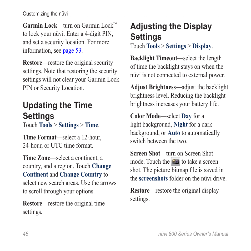 Updating the time settings, Adjusting the display settings | Garmin nuvi 800 User Manual | Page 52 / 76