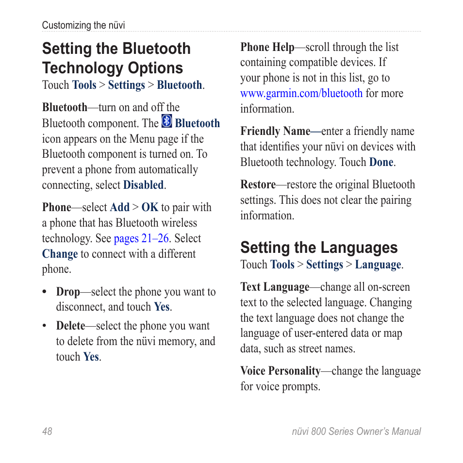 Setting the bluetooth technology options, Setting the languages, Setting the bluetooth technology | Options | Garmin nuvi 800 User Manual | Page 54 / 76