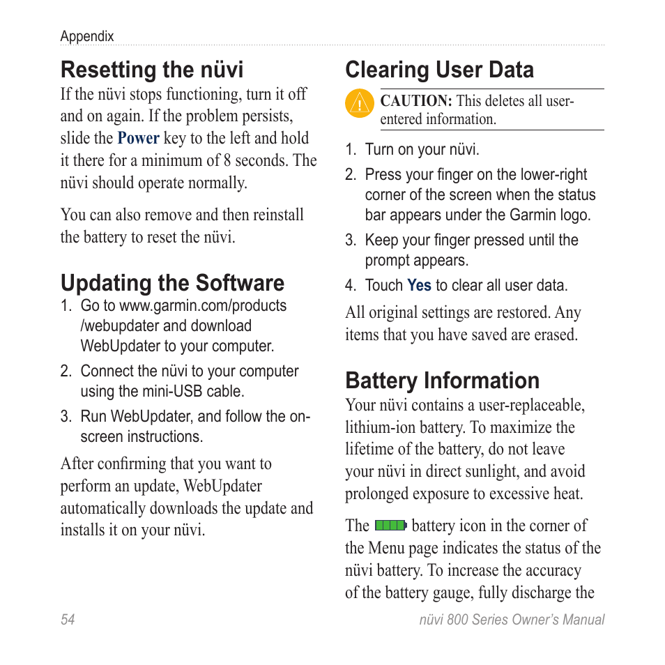 Resetting the nüvi, Updating the software, Clearing user data | Battery information | Garmin nuvi 800 User Manual | Page 60 / 76
