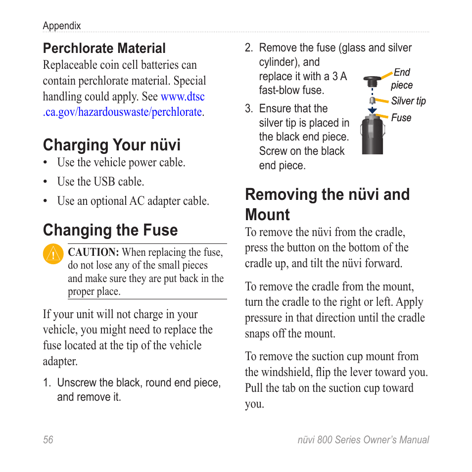 Charging your nüvi, Changing the fuse, Removing the nüvi and mount | Garmin nuvi 800 User Manual | Page 62 / 76