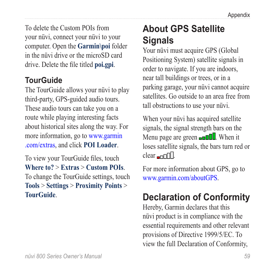 About gps satellite signals, Declaration of conformity | Garmin nuvi 800 User Manual | Page 65 / 76