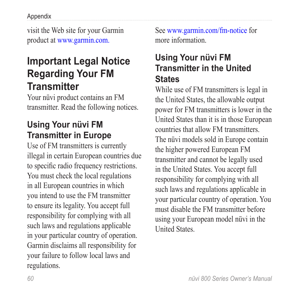 Important legal notice regarding, Your fm transmitter | Garmin nuvi 800 User Manual | Page 66 / 76