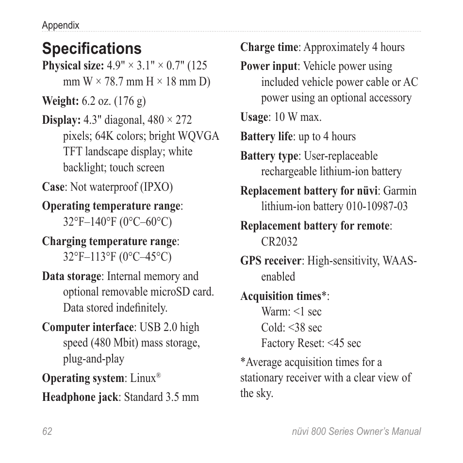 Specifications | Garmin nuvi 800 User Manual | Page 68 / 76