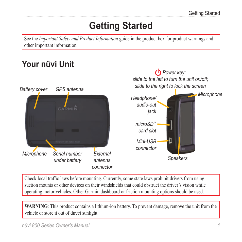 Getting started, Your nüvi unit | Garmin nuvi 800 User Manual | Page 7 / 76