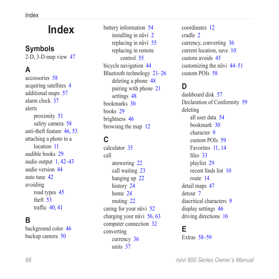 Index, Symbols | Garmin nuvi 800 User Manual | Page 72 / 76