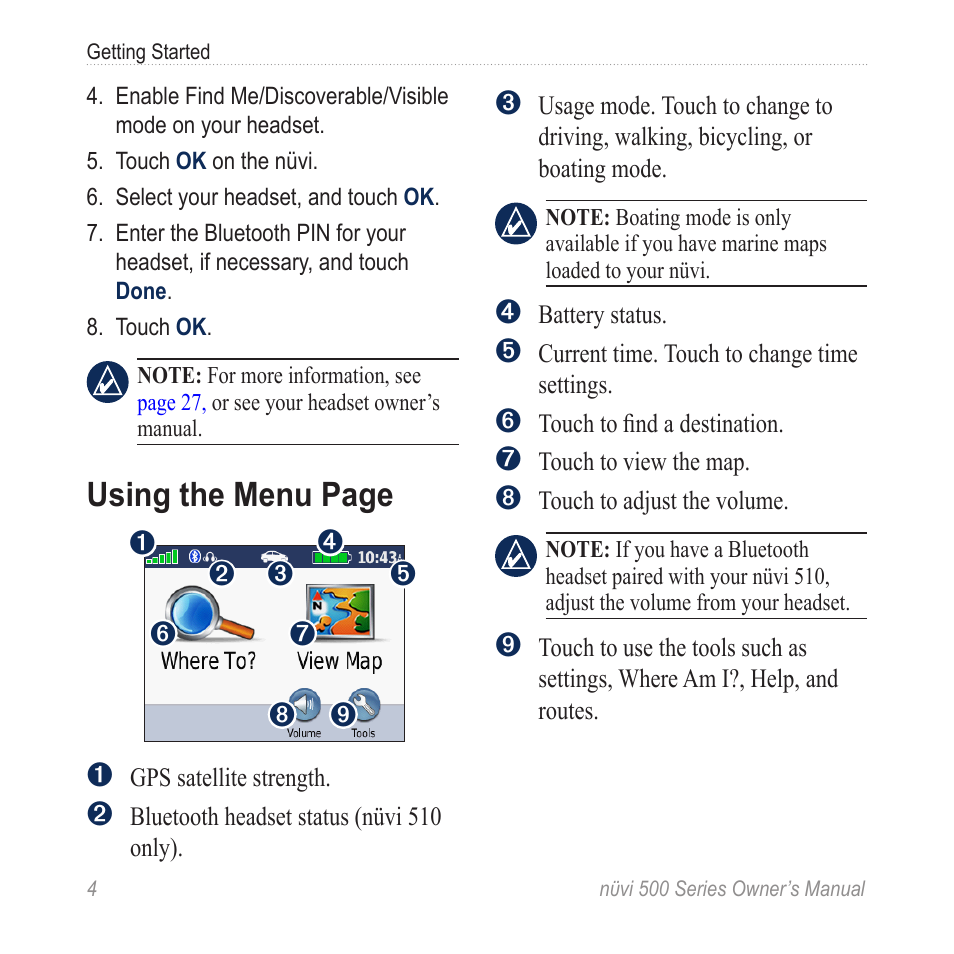 Using the menu page | Garmin nuvi 500 User Manual | Page 10 / 58