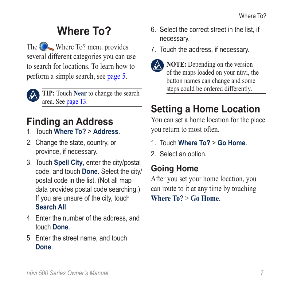 Where to, Finding an address, Setting a home location | Garmin nuvi 500 User Manual | Page 13 / 58