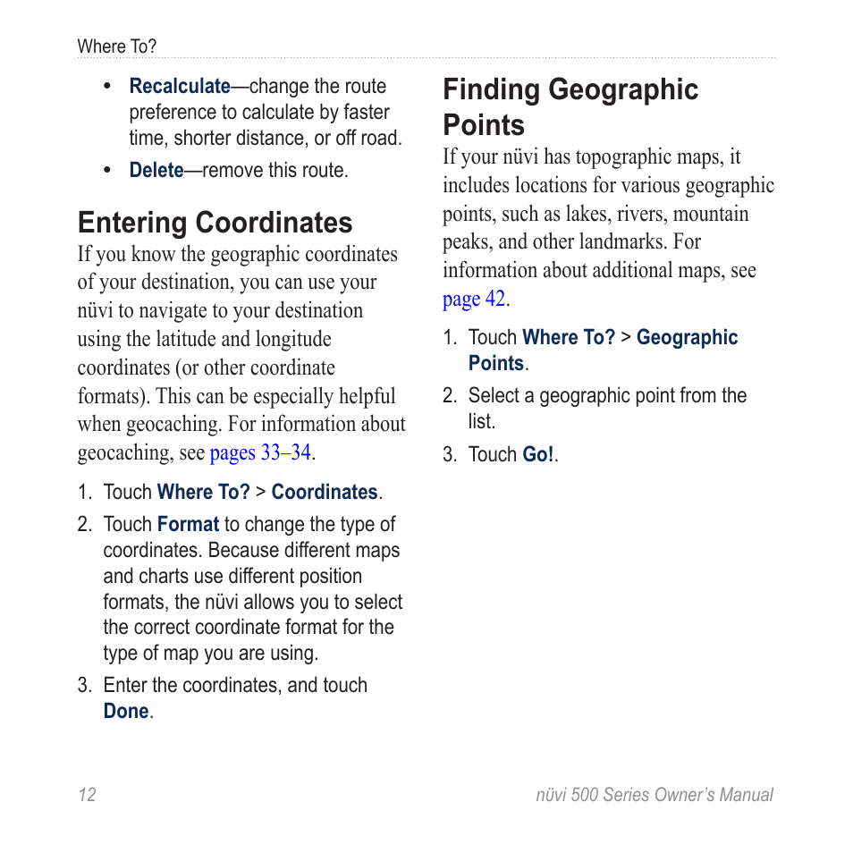 Entering coordinates, Finding geographic points | Garmin nuvi 500 User Manual | Page 18 / 58