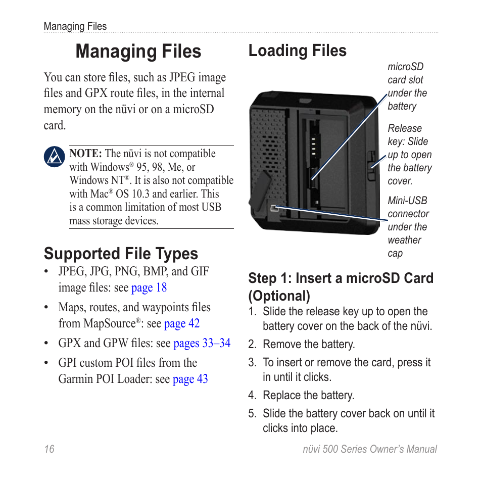Managing files, Supported file types, Loading files | Step 1: insert a microsd card (optional) | Garmin nuvi 500 User Manual | Page 22 / 58