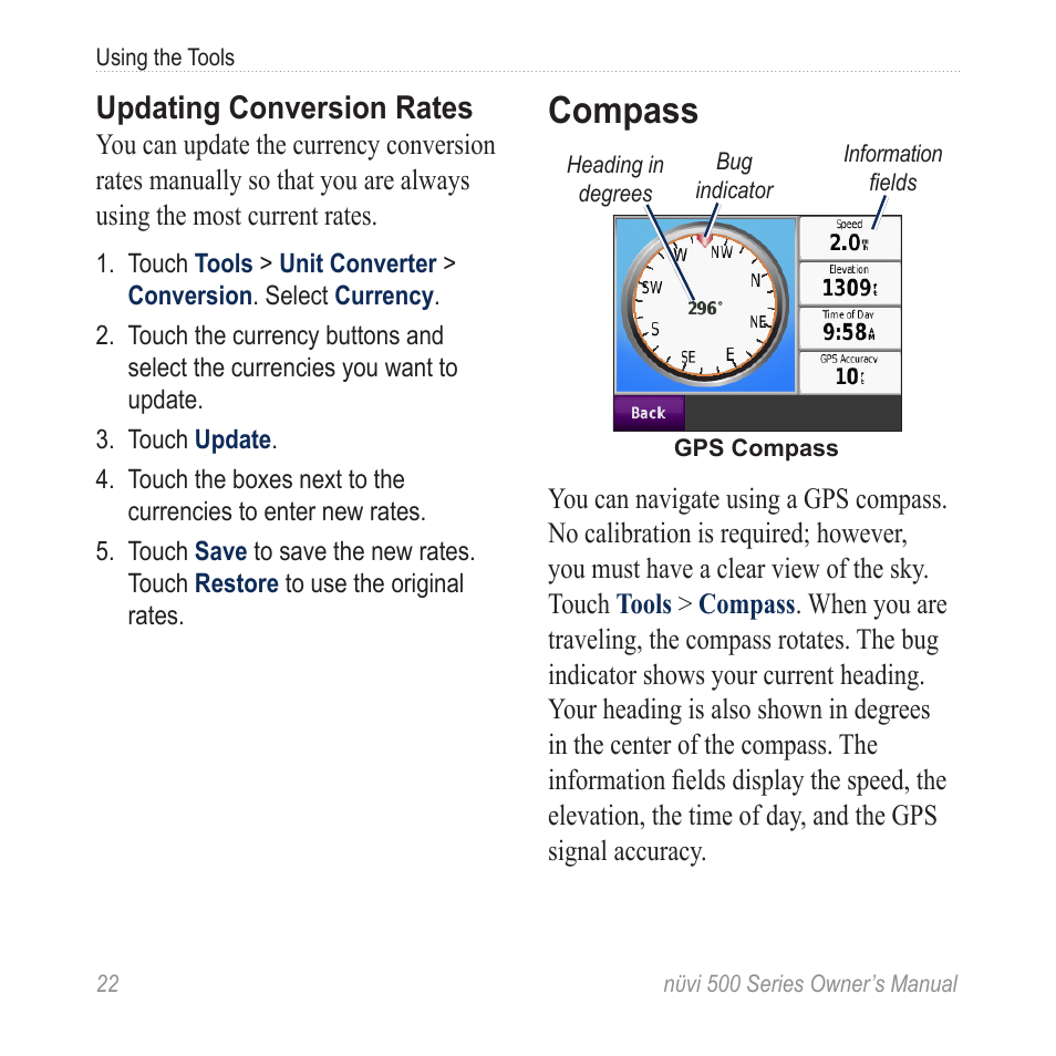 Compass, Updating conversion rates | Garmin nuvi 500 User Manual | Page 28 / 58