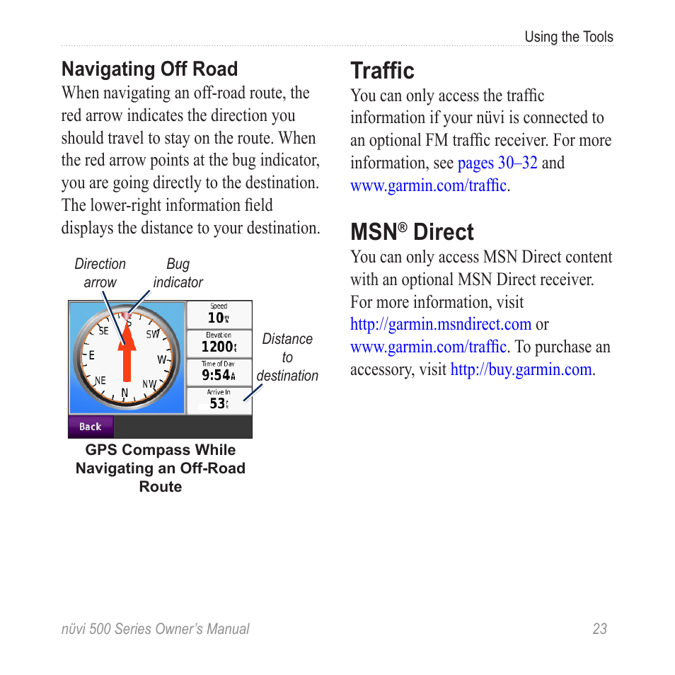 Traffic, Msn® direct, Direct | Garmin nuvi 500 User Manual | Page 29 / 58
