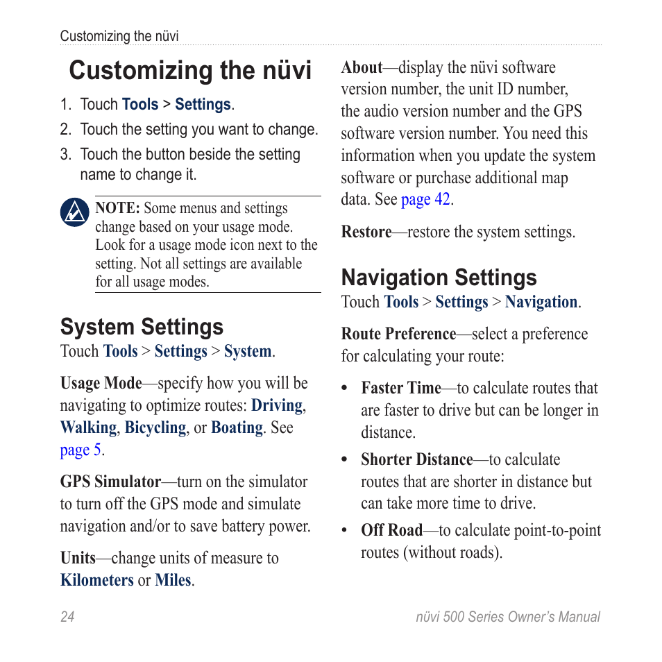 Customizing the nüvi, System settings, Navigation settings | Garmin nuvi 500 User Manual | Page 30 / 58