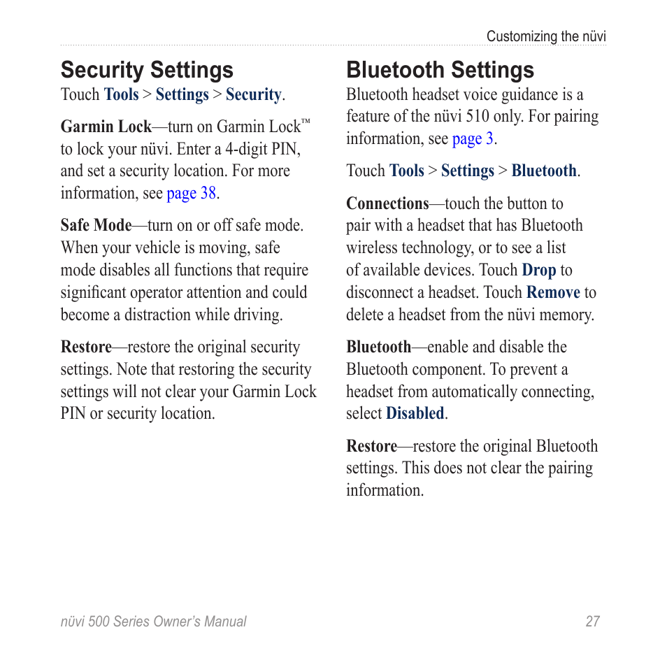 Security settings, Bluetooth settings | Garmin nuvi 500 User Manual | Page 33 / 58