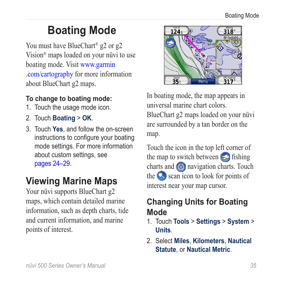 Boating mode, Viewing marine maps | Garmin nuvi 500 User Manual | Page 41 / 58