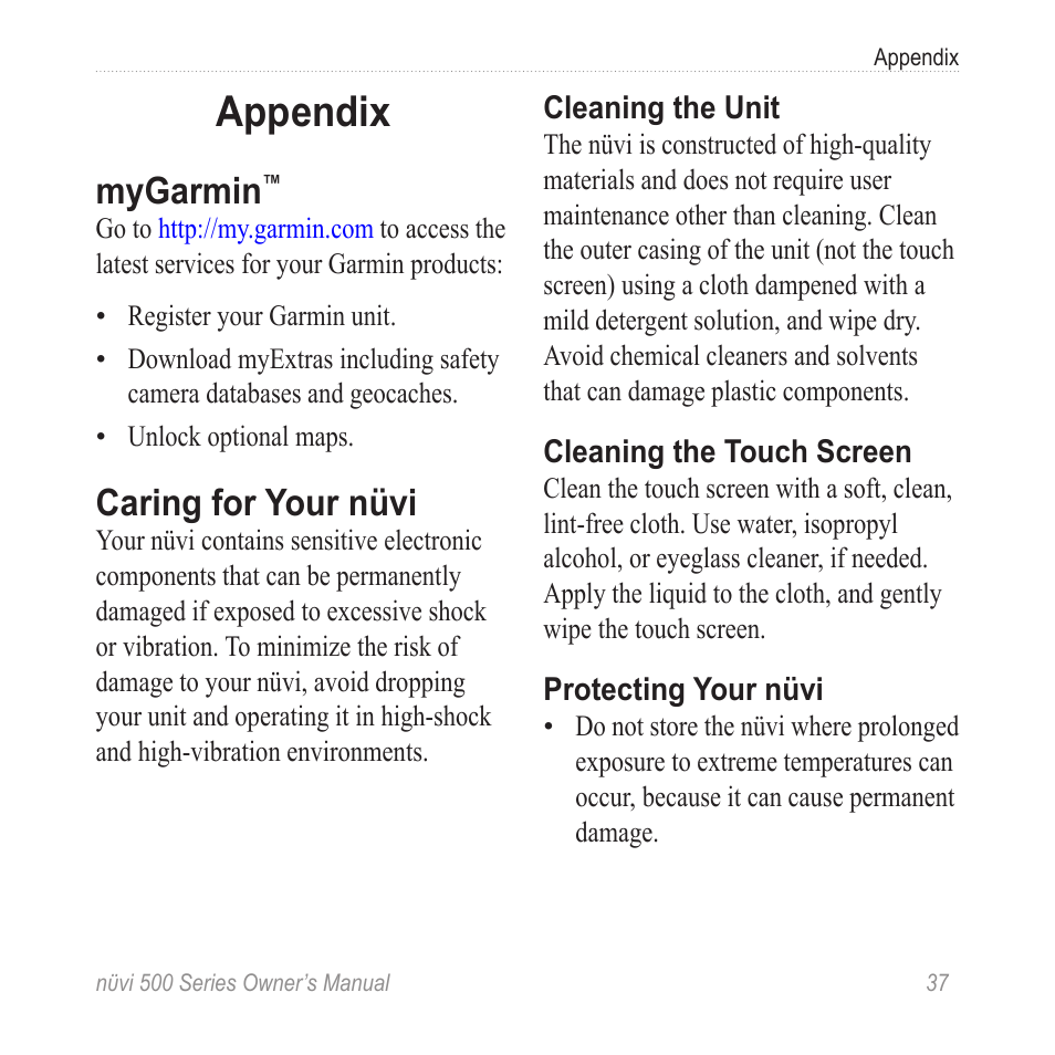 Appendix, Mygarmin, Caring for your nüvi | Garmin nuvi 500 User Manual | Page 43 / 58