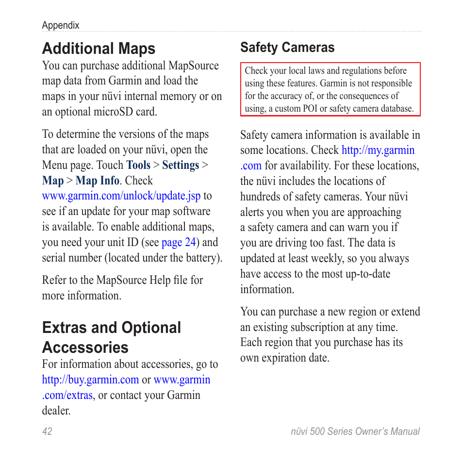 Additional maps, Extras and optional accessories | Garmin nuvi 500 User Manual | Page 48 / 58