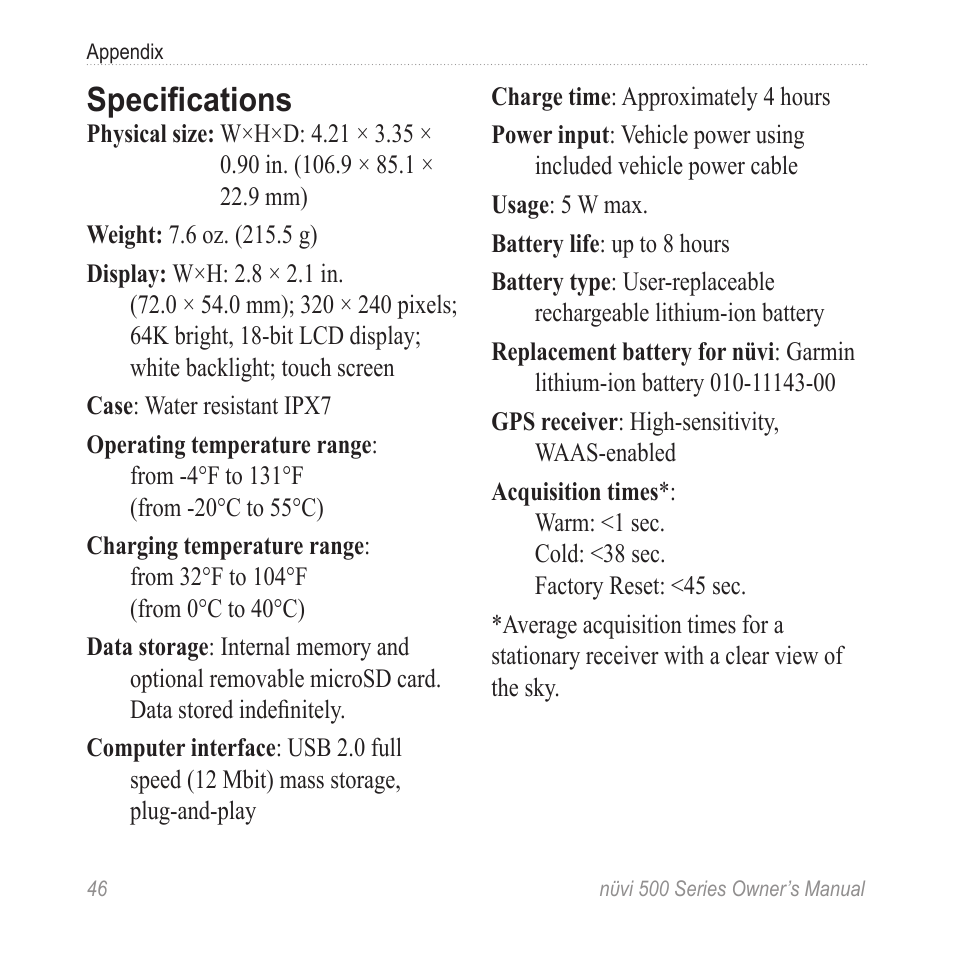 Specifications | Garmin nuvi 500 User Manual | Page 52 / 58