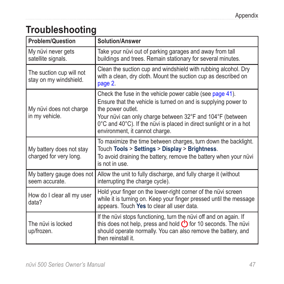 Troubleshooting | Garmin nuvi 500 User Manual | Page 53 / 58
