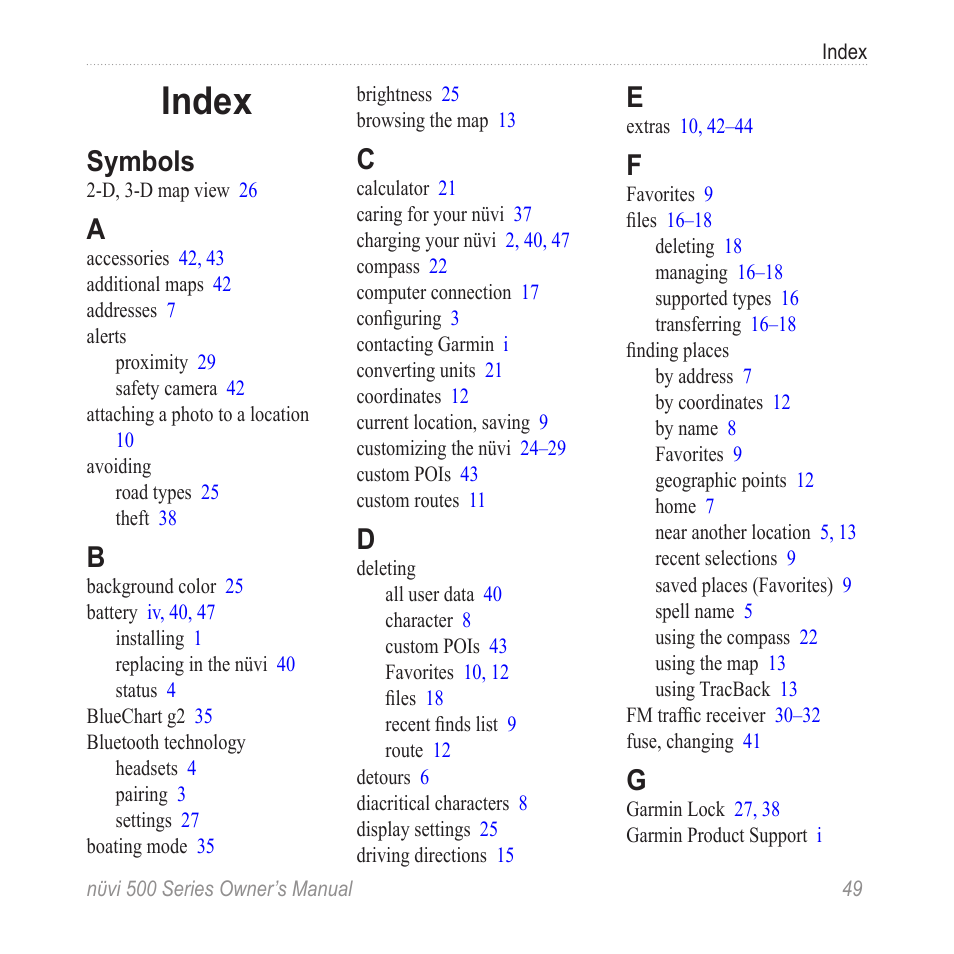 Index, Symbols | Garmin nuvi 500 User Manual | Page 55 / 58