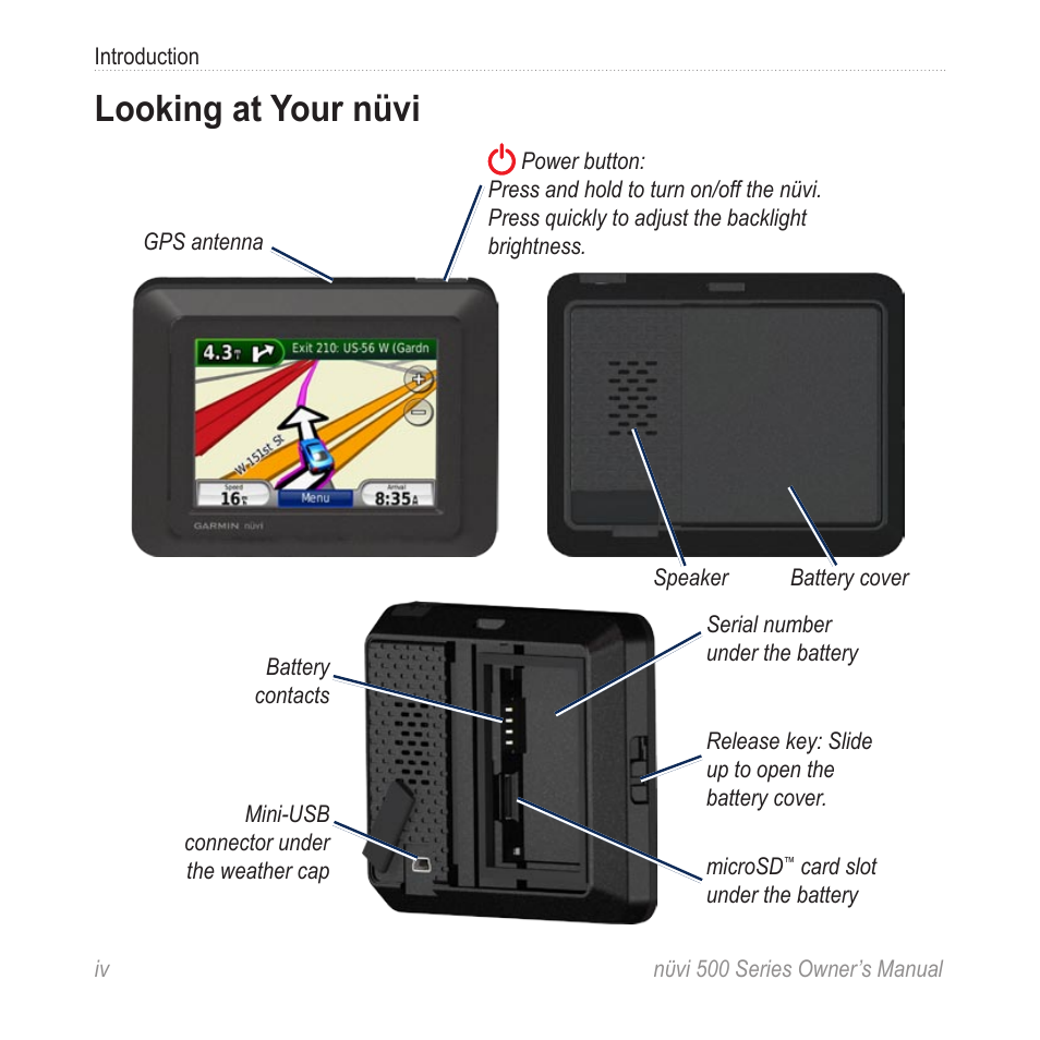 Looking at your nüvi | Garmin nuvi 500 User Manual | Page 6 / 58