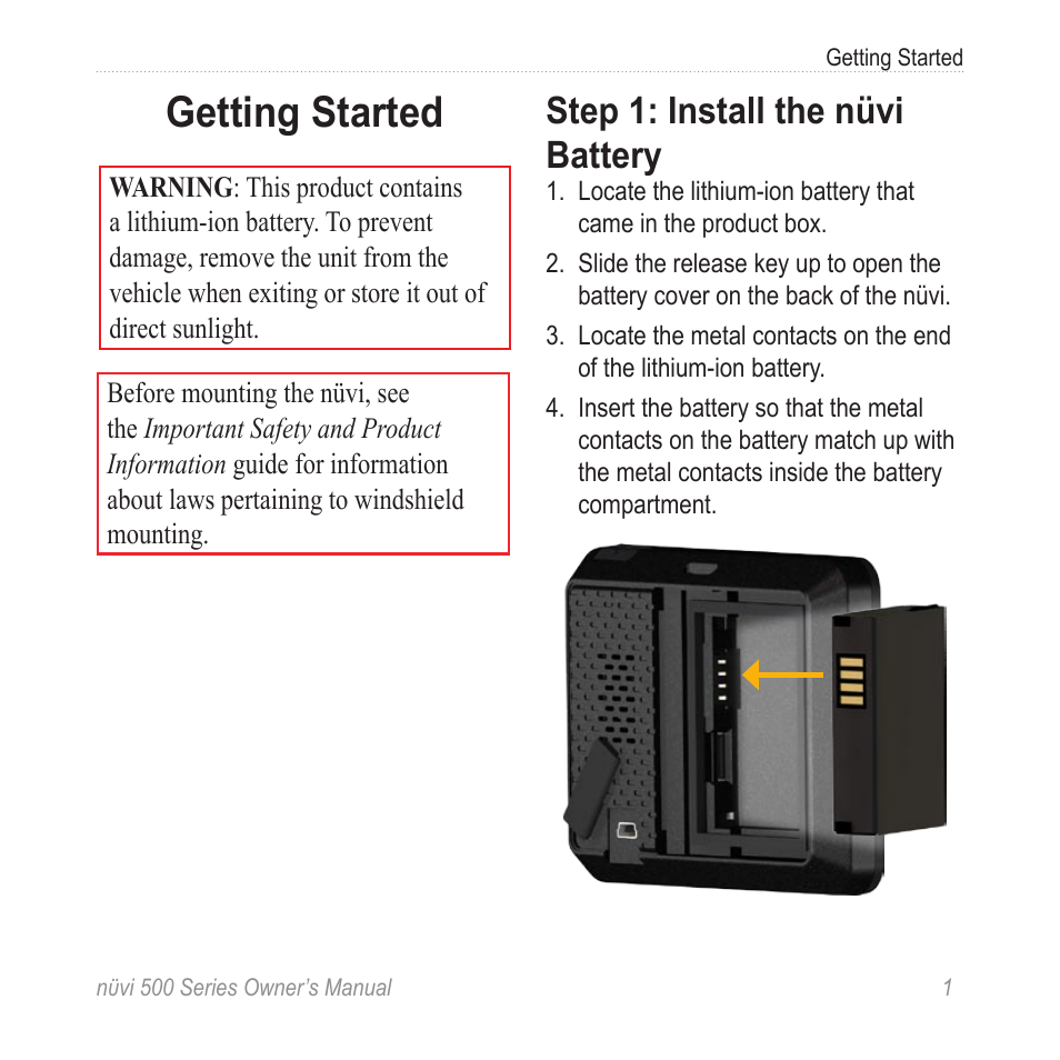 Getting started, Step 1: install the nüvi battery | Garmin nuvi 500 User Manual | Page 7 / 58