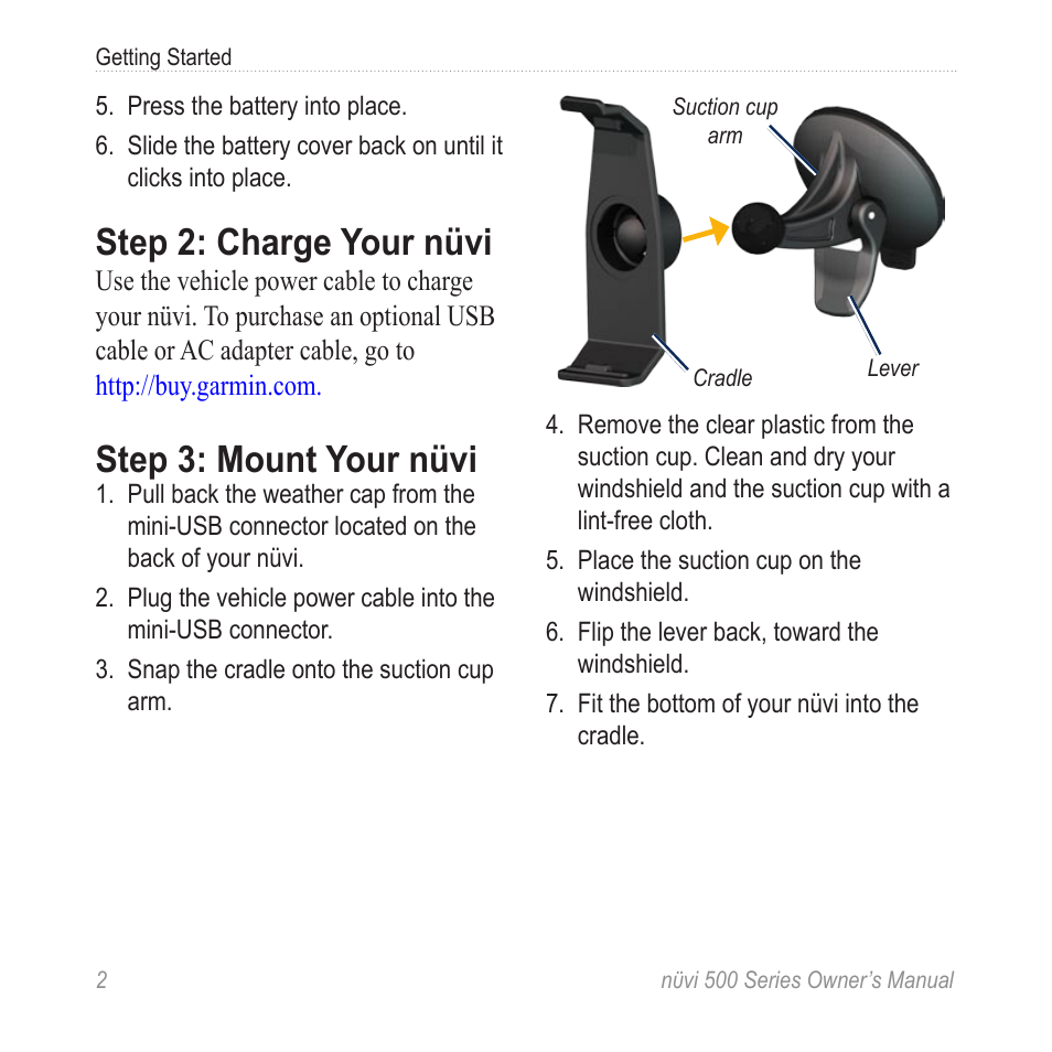 Step 2: charge your nüvi, Step 3: mount your nüvi | Garmin nuvi 500 User Manual | Page 8 / 58