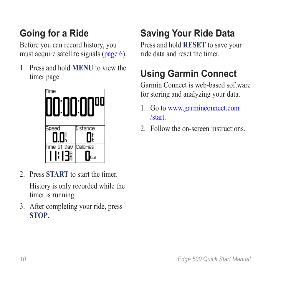 Go for a ride, Going for a ride, Saving your ride data | Using garmin connect | Garmin Edge 500 User Manual | Page 12 / 16