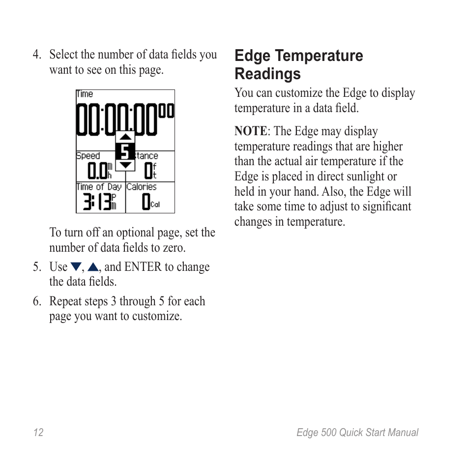 Edge temperature readings | Garmin Edge 500 User Manual | Page 14 / 16