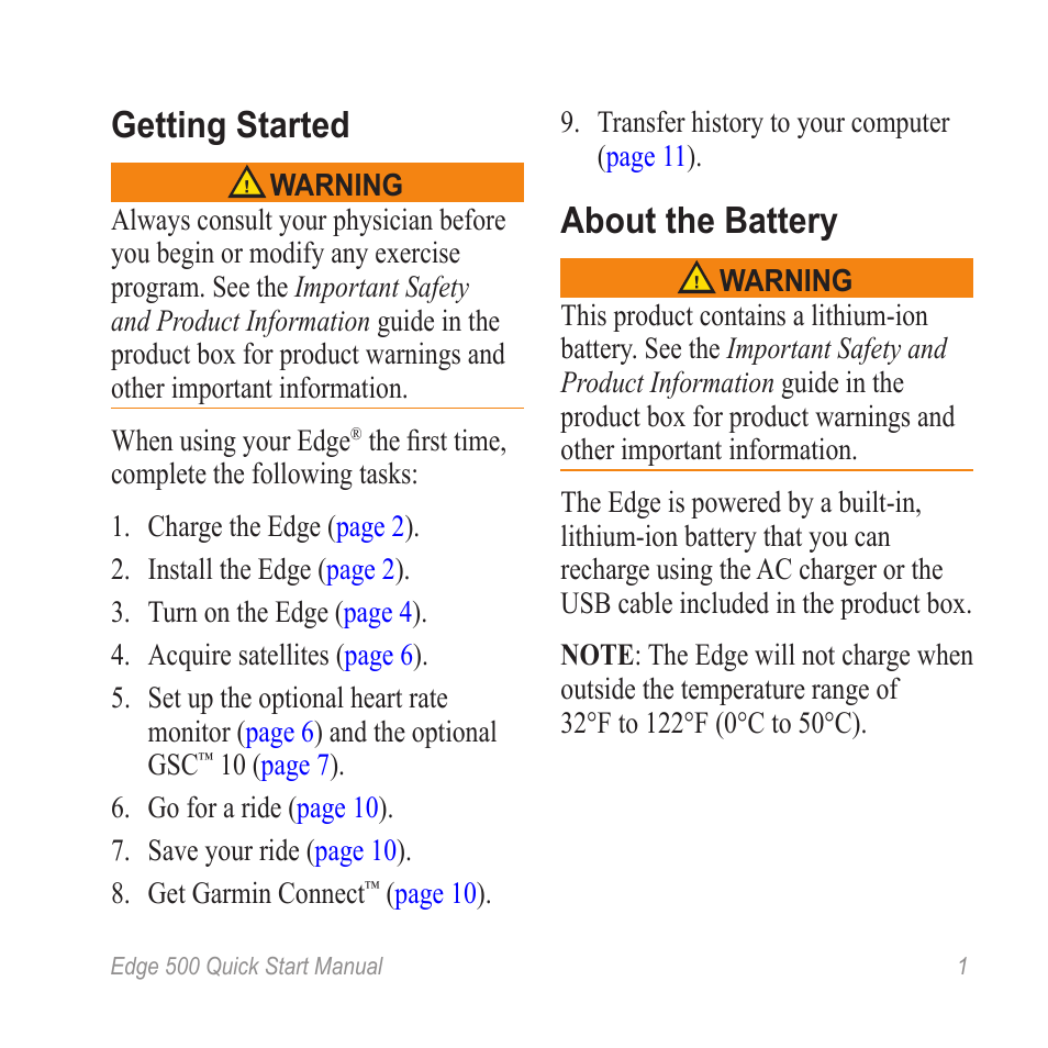 Getting started, About the battery | Garmin Edge 500 User Manual | Page 3 / 16