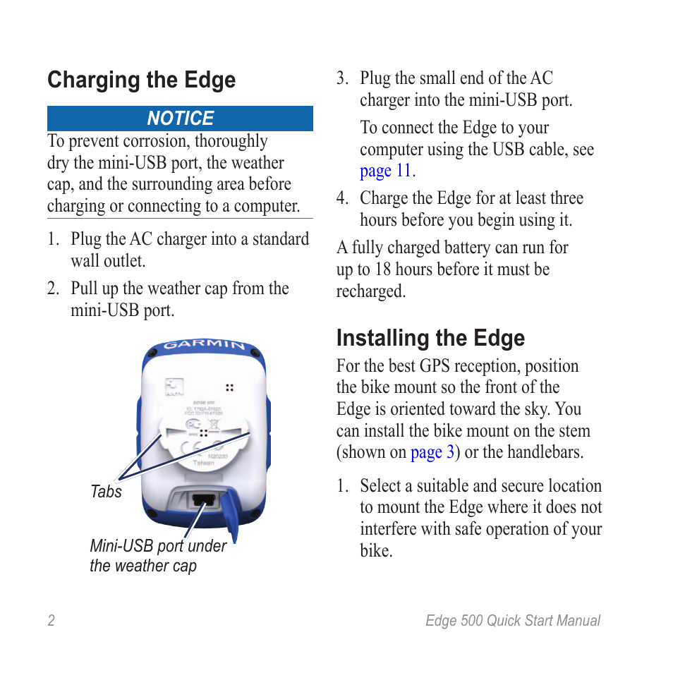 Ge the edge, Install the edge, Charging the edge | Installing the edge | Garmin Edge 500 User Manual | Page 4 / 16