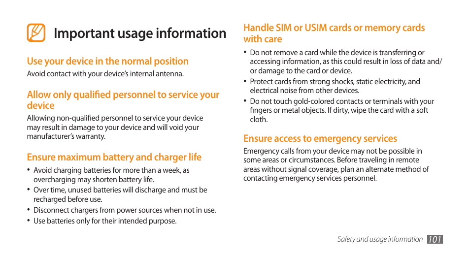 Important usage information | Samsung Galaxy 5 i5503 User Manual | Page 101 / 105