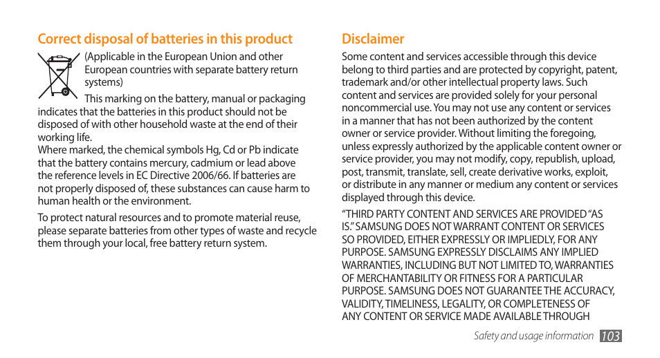 Disclaimer, Correct disposal of batteries in this product | Samsung Galaxy 5 i5503 User Manual | Page 103 / 105
