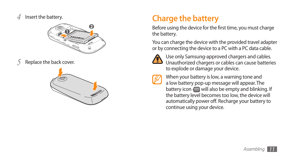 Charge the battery | Samsung Galaxy 5 i5503 User Manual | Page 11 / 105