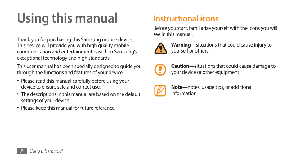 Using this manual, Instructional icons | Samsung Galaxy 5 i5503 User Manual | Page 2 / 105