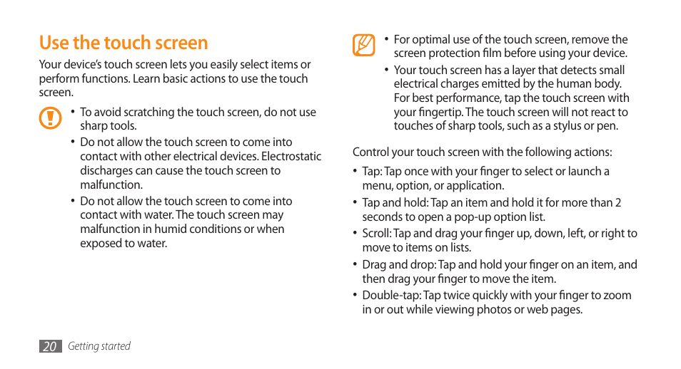 Use the touch screen | Samsung Galaxy 5 i5503 User Manual | Page 20 / 105