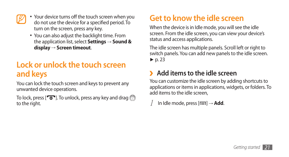 Lock or unlock the touch screen and keys, Get to know the idle screen, Add items to the idle screen | Samsung Galaxy 5 i5503 User Manual | Page 21 / 105