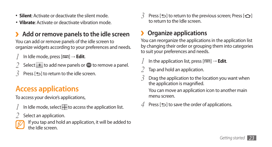 Access applications | Samsung Galaxy 5 i5503 User Manual | Page 23 / 105