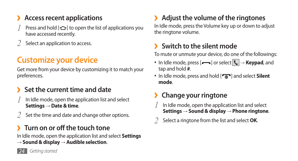 Customize your device, 2customize your device | Samsung Galaxy 5 i5503 User Manual | Page 24 / 105