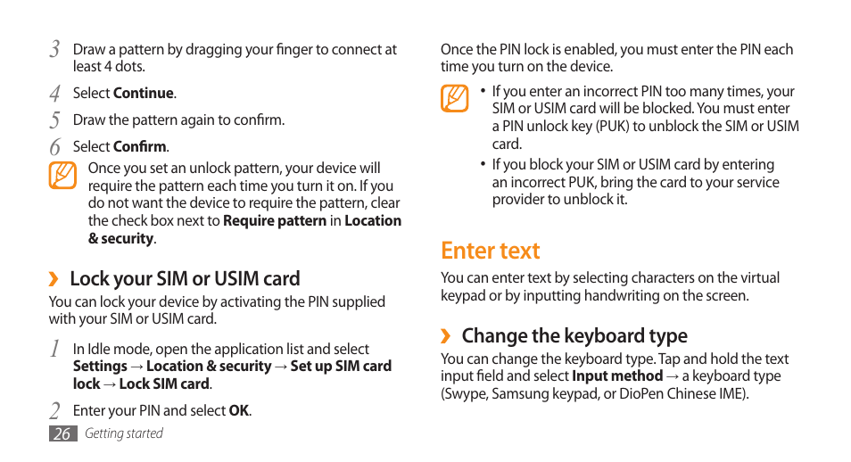 Enter text, Change the keyboard type, Lock your sim or usim card | Samsung Galaxy 5 i5503 User Manual | Page 26 / 105