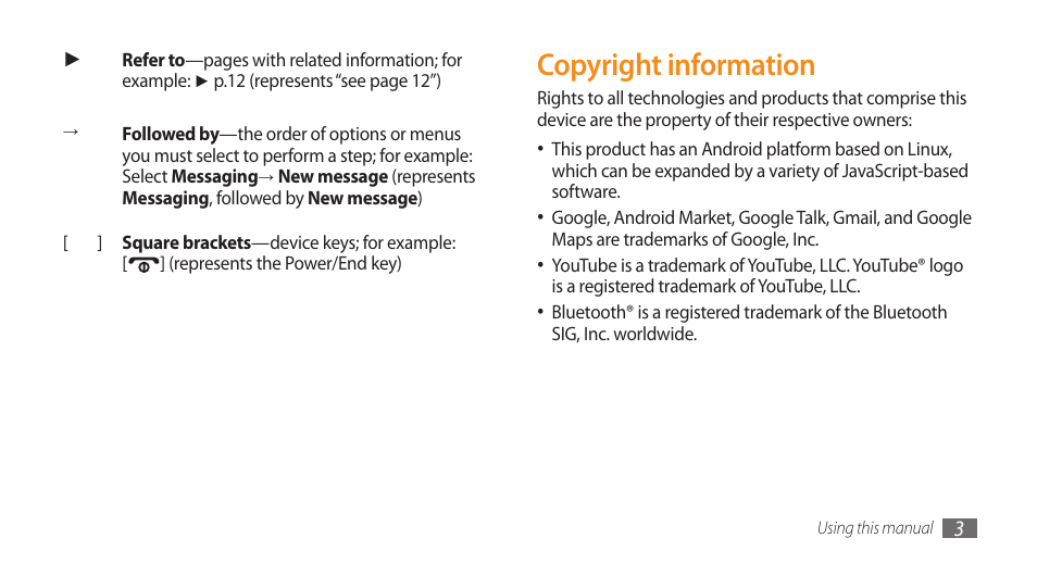 Copyright information | Samsung Galaxy 5 i5503 User Manual | Page 3 / 105