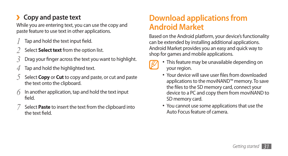 Download applications from android market, Download applications from, Android market | Samsung Galaxy 5 i5503 User Manual | Page 31 / 105